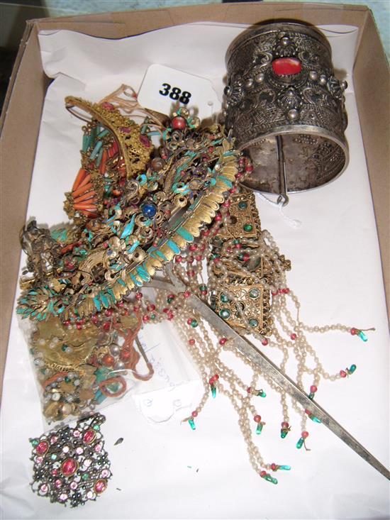 Turkman white metal & coral bangle, Indian gilt metal, turquoise & coral fringe necklace, other similar jewellery, beaded pin etc.